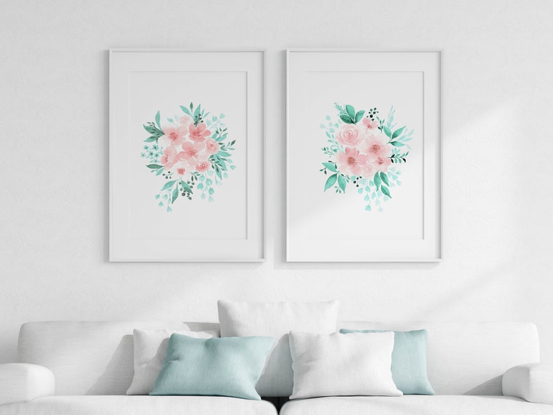 Blush Pink and Mint Wall Art Set of 2 Flower Watercolors Etsy