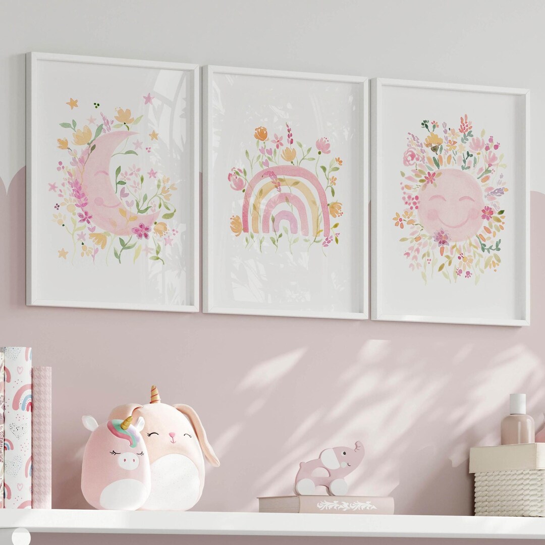 Baby Girl Bedroom Wall Art Boho Rainbow Nursery Decor Printable Set of ...