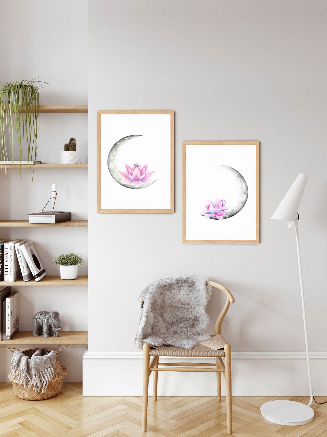 Boho Moon Wall Decor, Lotus Wall Art, Moon With Flowers, Printable Wall