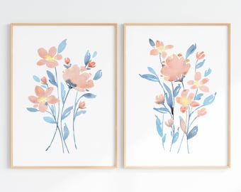 Wall Art Set Of 2 Floral Watercolor Prints, Blush Pink And Blue Wildflower Artworks, Instant Download