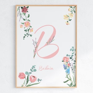 Impresión del nombre de la guardería de la niña de flores silvestres, inicial floral personalizada y arte de la pared del nombre, cartel de la carta de la niña, arte de descarga digital