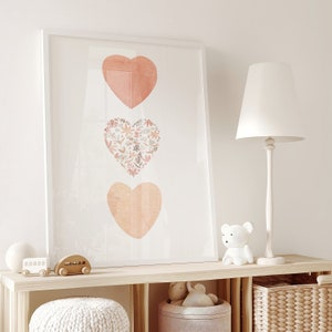 Boho Hearts Watercolor Print, Three Hearts Poster, Girls Room Wall Art, Flower Heart Decor, Digital Download Artwork