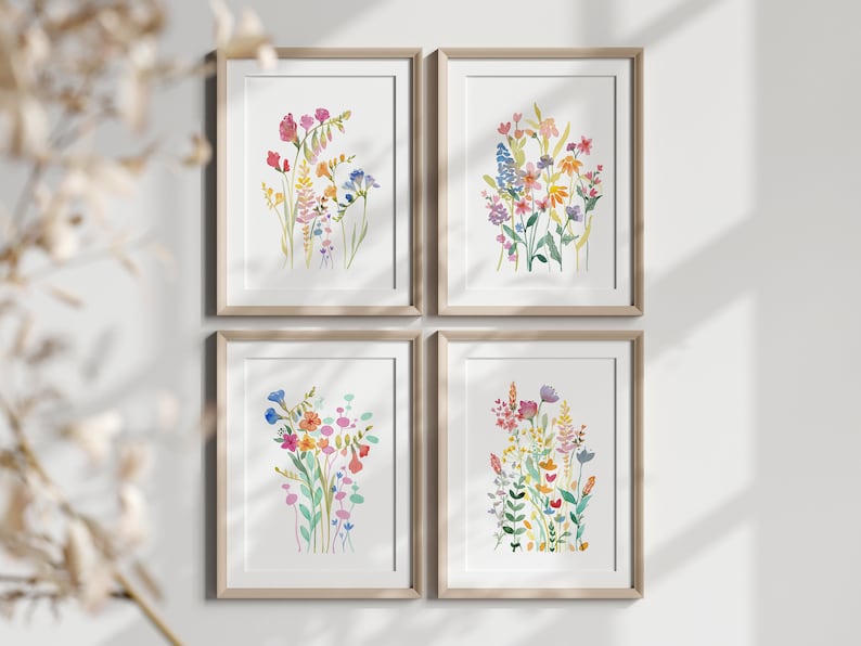 Wildflower Watercolor Print Set, Colorful Floral Wall Art (digital ...