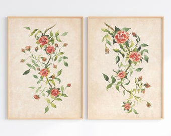 Vintage Style Floral Prints Set Of 2, Farmhouse Wild Roses Wall Art, Antique Botanical Artwork, Digital Download