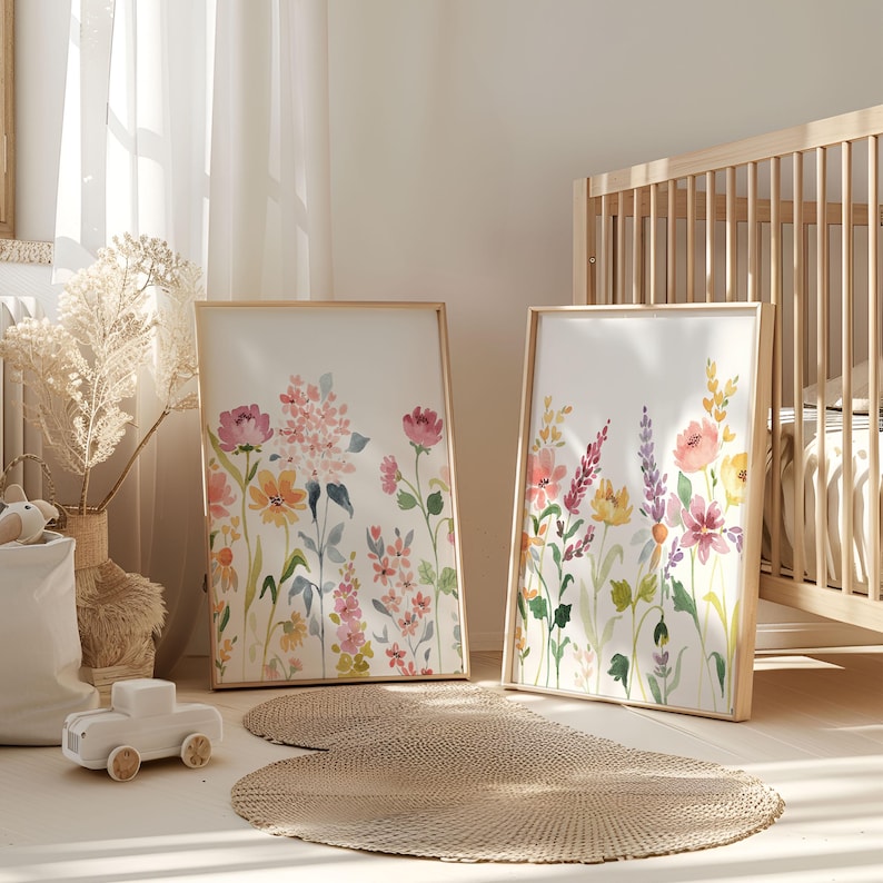 Watercolor Wildflower Prints: Girl Nursery Wall Art, Set of 2 (digital ...