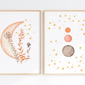 Boho Moon And Stars Nursery Decor, Wall Art Set Of 2 Celestial Prints, Baby Room Moon Watercolors, Digital Download Artwork