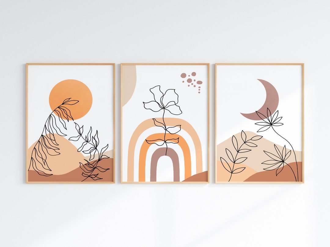 Terracotta Sun and Moon Wall Art Set of 3, Boho Mid Century Modern ...