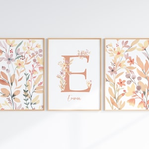 Boho Flower Girl Nursery Wall Art Set of 3, Personalized Initial Name ...