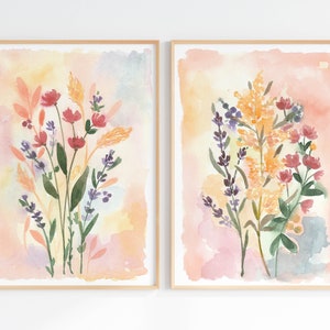Colorful Flower Watercolors, Printable Floral Wall Art Set Of 2 Prints, Digital Download, Wildflower Prints