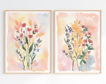 Colorful Flower Watercolors, Printable Floral Wall Art Set Of 2 Prints, Digital Download, Wildflower Prints