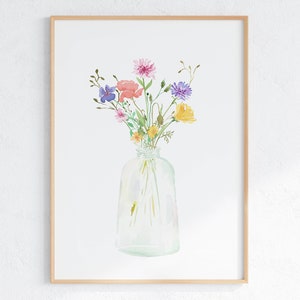 Ramo de flores en jarrón con estampado de acuarela, póster floral digital, arte de pared de flores silvestres brillantes imprimibles