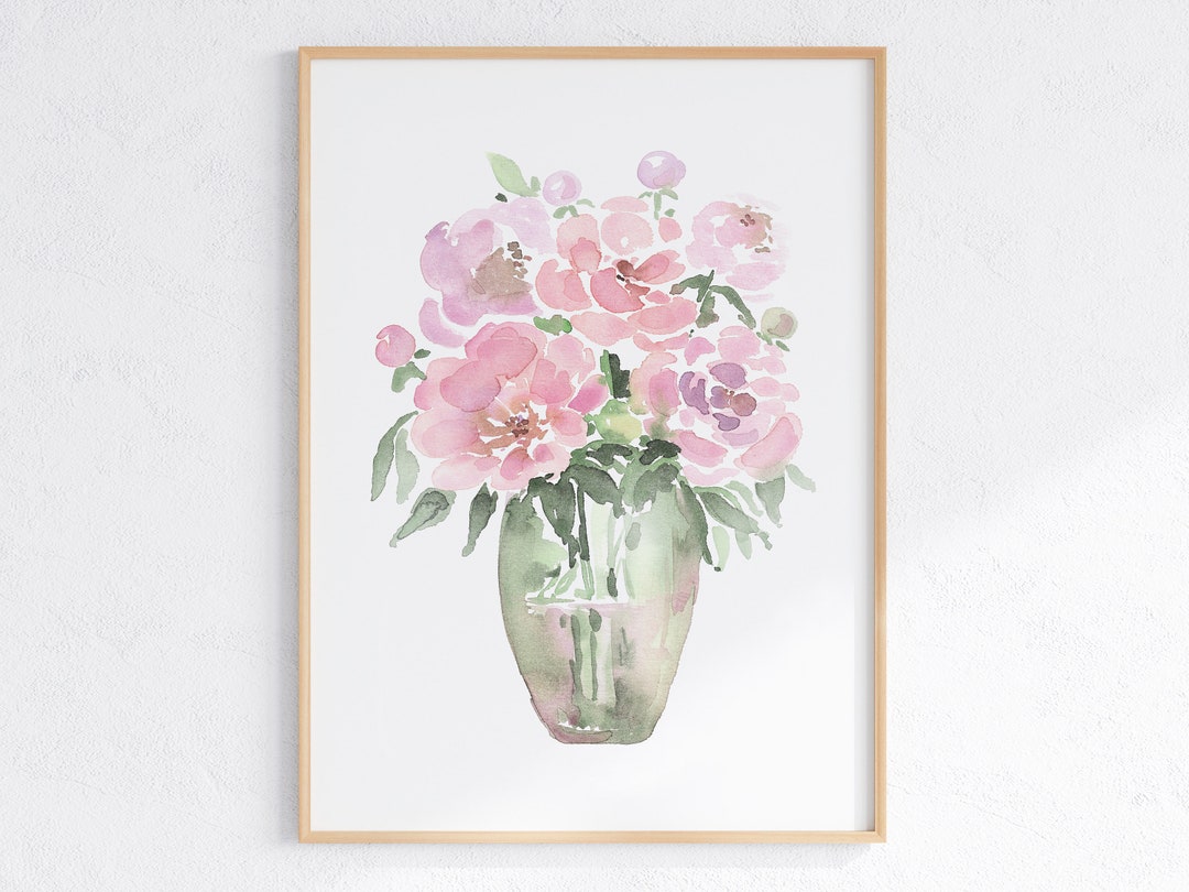 Pink Peonies in Vase Watercolor Painting, Peony Bouquet Digital Print ...