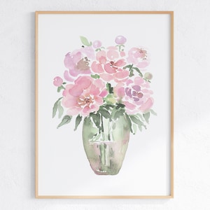Pink Peonies in Vase Watercolor Painting, Peony Bouquet Digital Print, Instant Download Flower Artwork