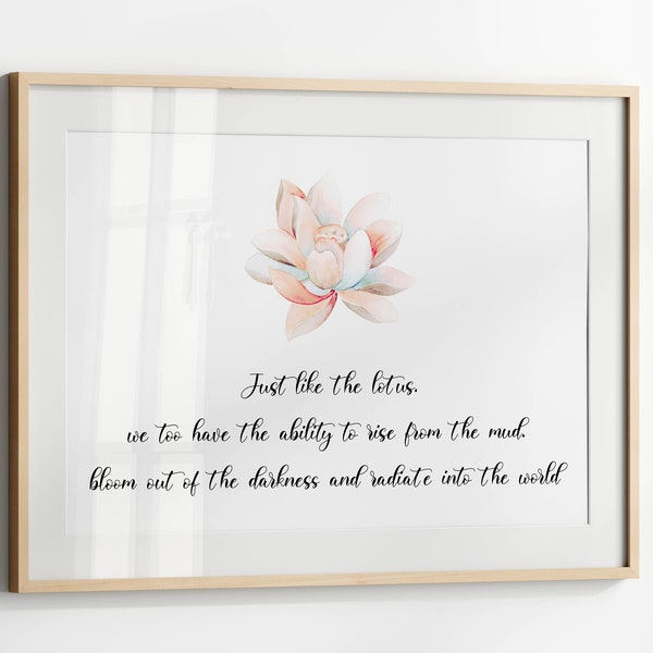 Impression de citation de fleur de lotus, tout comme la signification du Lotus, affiche spirituelle, art mural zen, décor de méditation, impression horizontale, téléchargement numérique