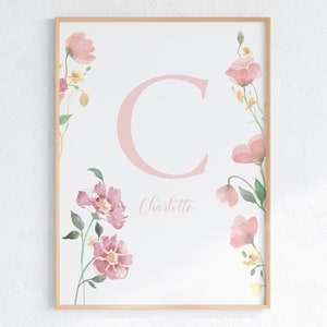 Impressão inicial floral personalizada, sinal de nome de flor para berçário de meninas, pôster de carta de bebê personalizado, download digital de arte de parede