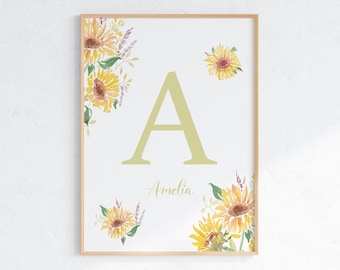 Sunflower Letter And Name Watercolor Print, Custom Initial Wall Art, Nursery Poster, Digital Download