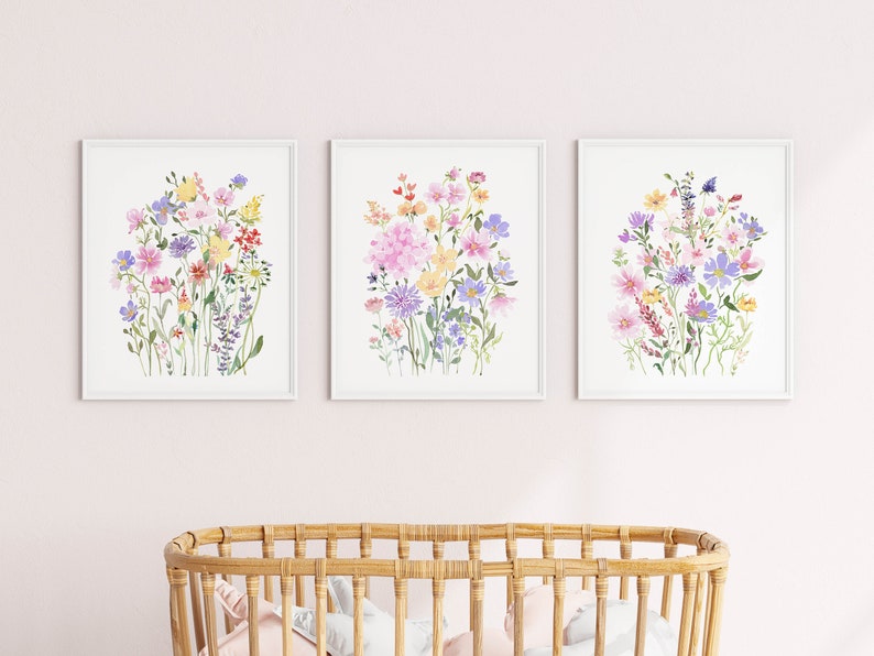 Colorful Flower Wall Art Set of 3, Printable Wildflower Watercolor ...