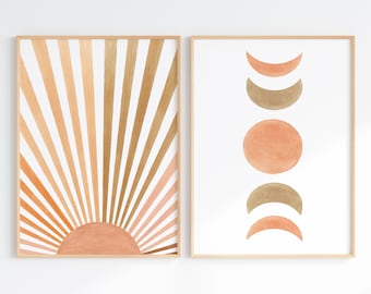 Boho Sun and Moon Print Set: Terracotta Watercolor Wall Art (Digital Download)