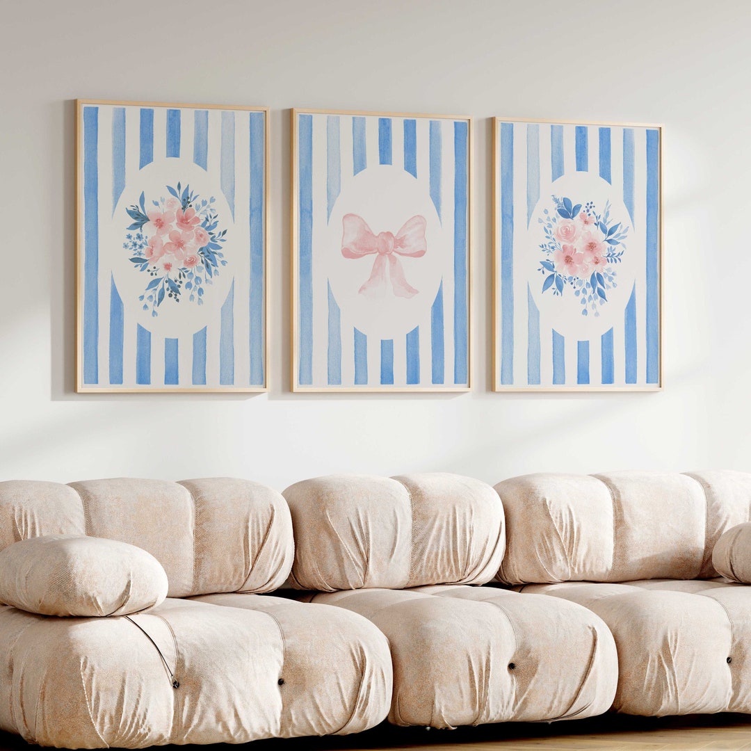 Pink and Blue Bow Wall Art Dorm College Decor Girls Bedroom Set of 3 ...