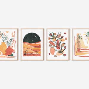 Boho Abstract Gallery Wall Art Set Of 4, Bohemian Prints, Mid Century Modern Art Printable, Digital Download