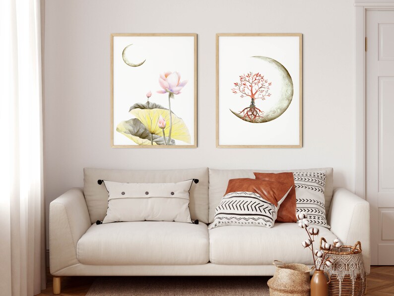 Moon Decor Lotus Flower Wall Art Tree of Life Art Bohemian Etsy