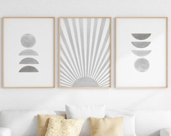 Gray Abstract Downloadable Prints, Boho Sunrise and Moon Wall Art Set Of 3, Neutral Posters, Printable Minimalist Gallery Wall