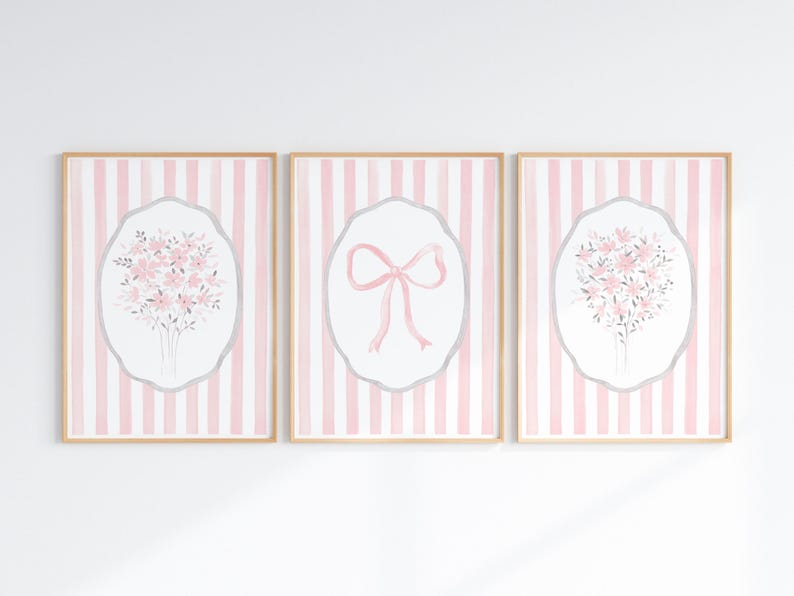 Light Pink Flower Coquette Room Decor Bow Wall Art Set of 3 Pastel Pink