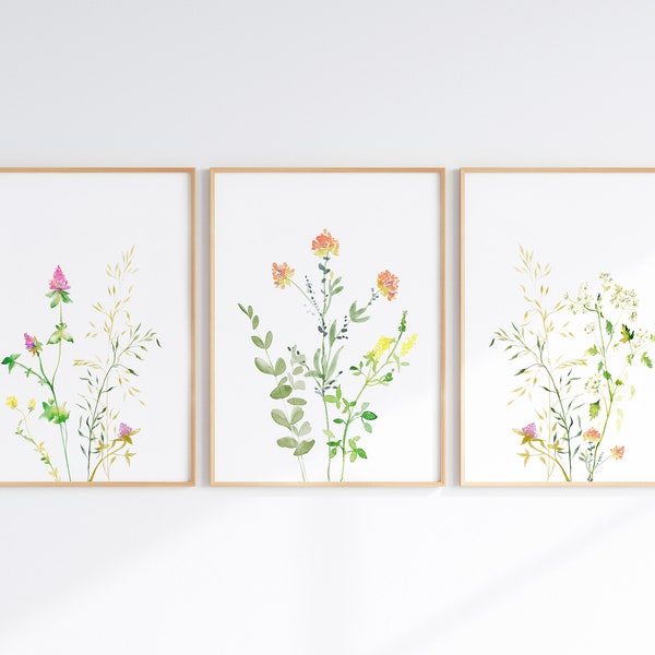 Minimal Wildflower Prints, Boho Floral Wall Art Set Of 3, Farmhouse Botanical Watercolors, Digital Download