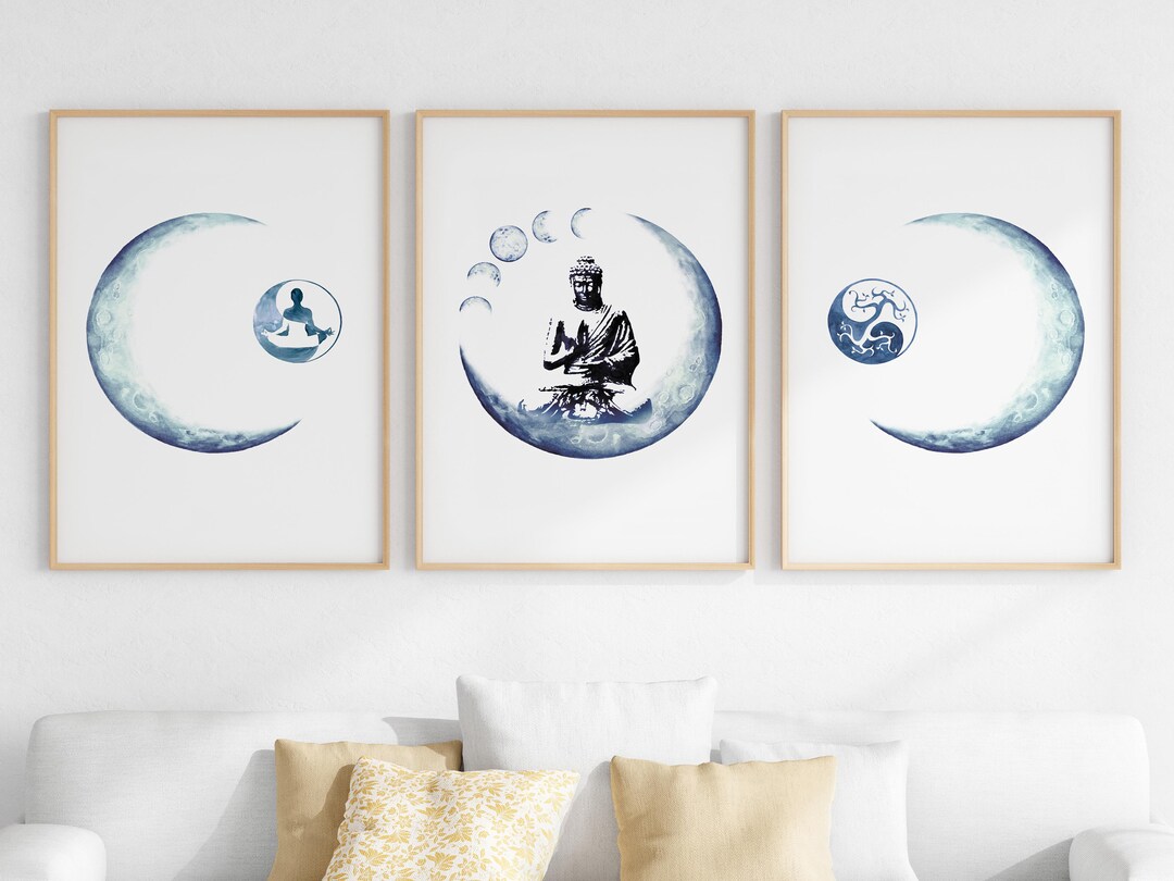 Navy Blue Buddha Wall Art Set of 3 Meditation Posters Ying Etsy