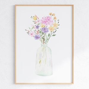Impresión minimalista de acuarela de flores silvestres, ramo floral brillante en jarrón, arte mural, póster de descarga digital