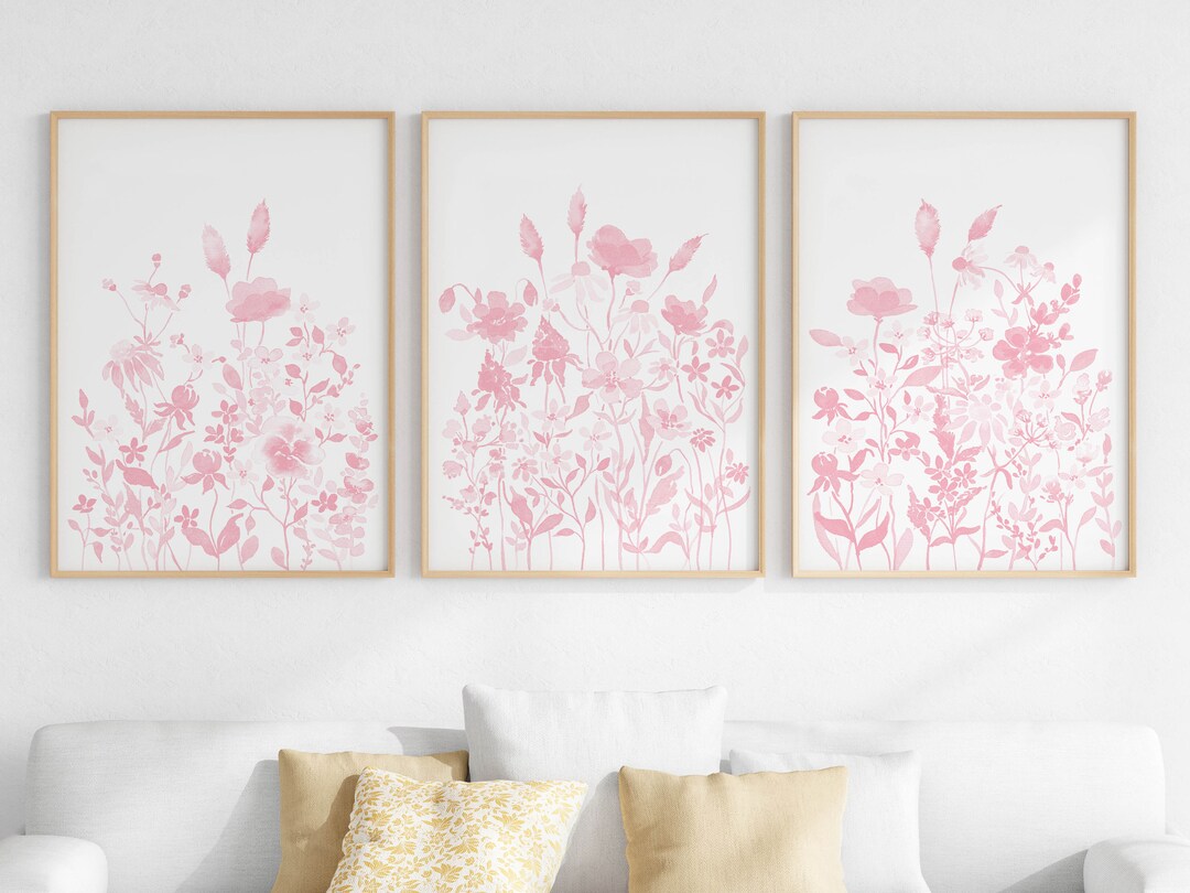 Blush Pink Floral Wall Art Set of 3, Soft Pink Wildflower Watercolor
