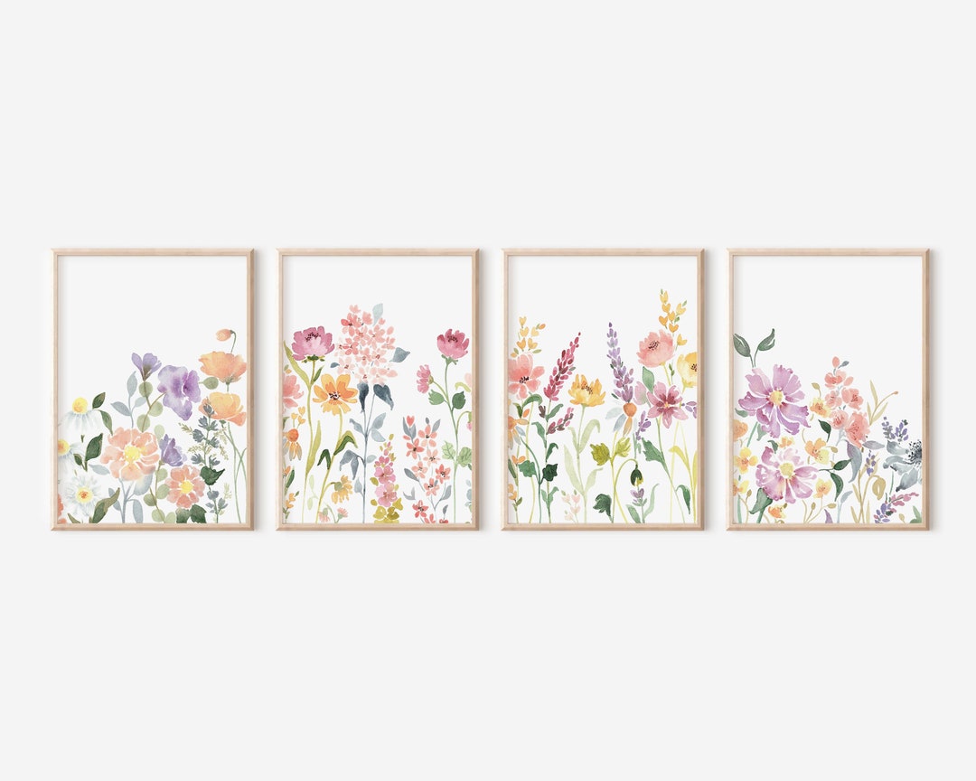 Floral Watercolor Prints Set of 4, Wildflower Gallery Wall Art, Digital ...