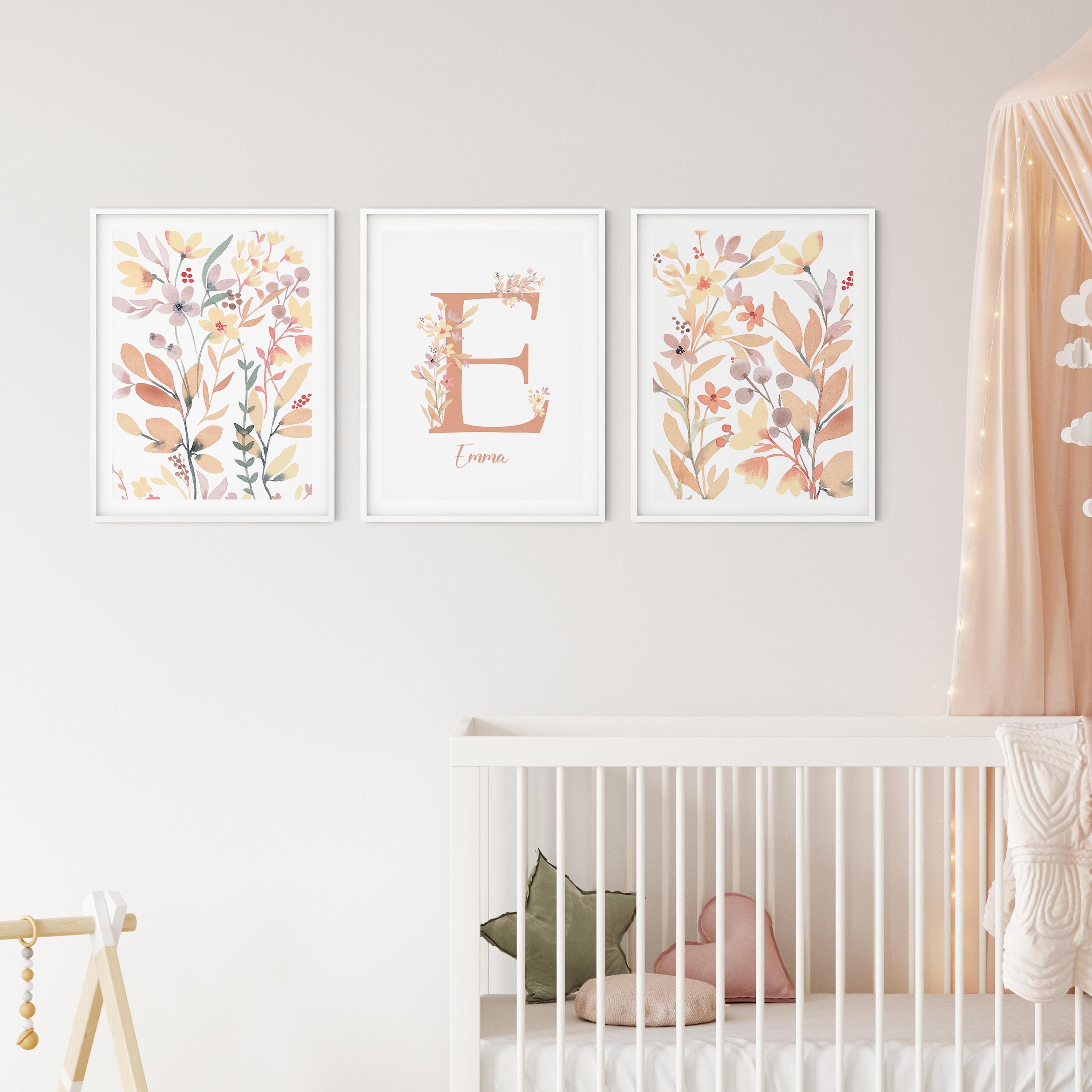 Boho Flower Girl Nursery Wall Art Set of 3 Personalized | Etsy