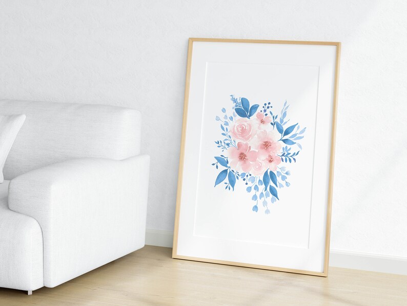 Blue and Pink Flower Wall Art Set of 2 Watercolor Floral Etsy