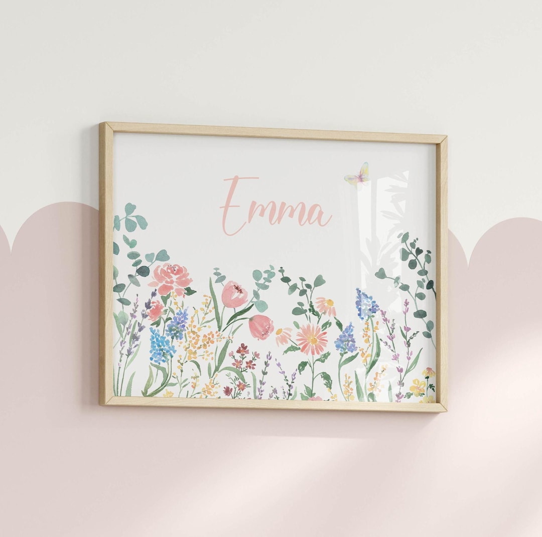 Personalized Floral Nursery Name Print: Watercolor Flower Wall Art ...