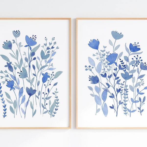 Blue Floral Prints Set Of 2, Wildflower Wall Art, Printable Flower Watercolor, Digital Download Artwork