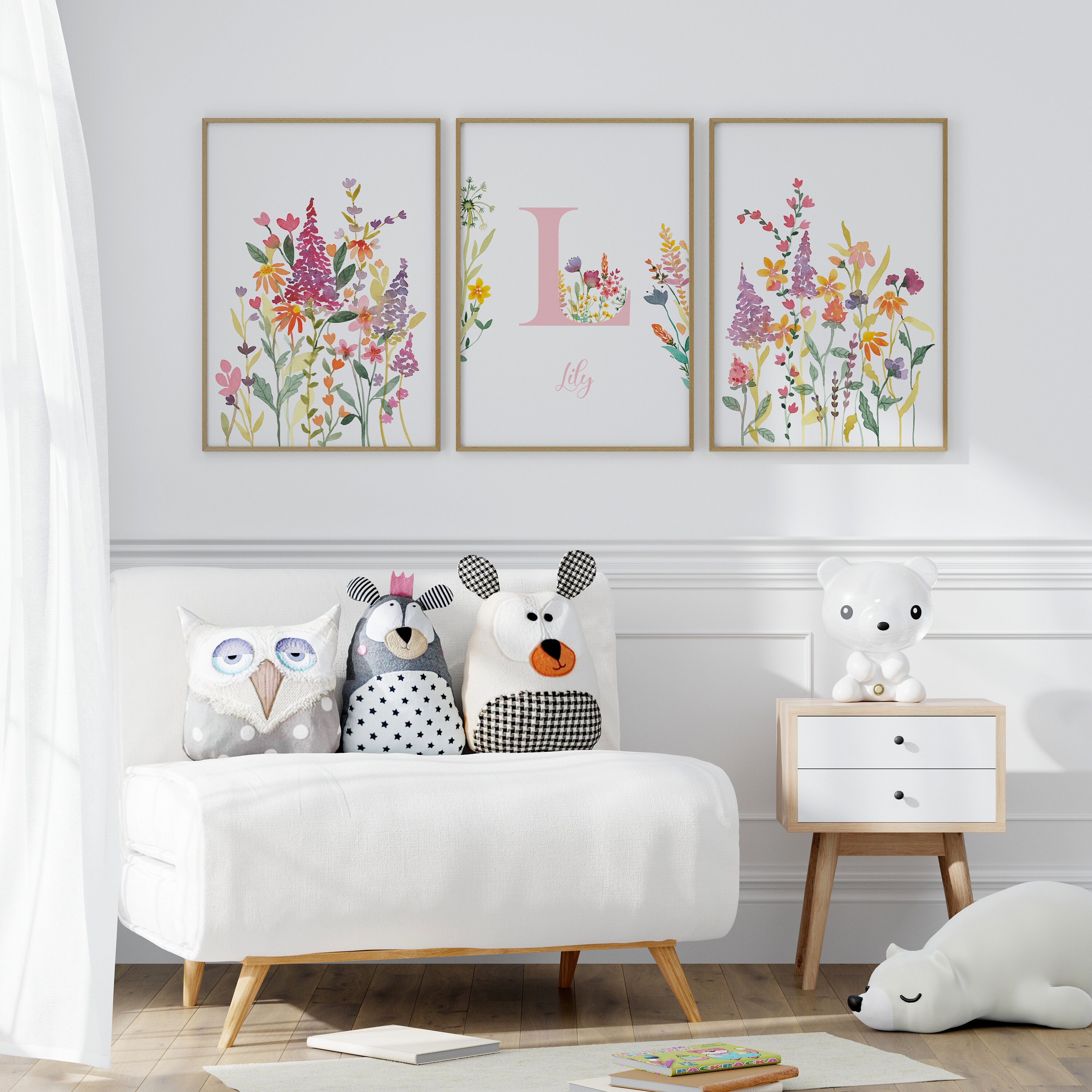 Floral Initial Nursery Art: Wildflower Watercolor Print Set, Baby Girls ...
