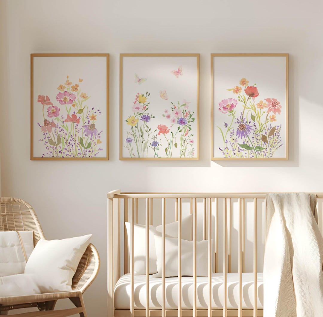 Flower Butterfly Watercolor Wall Art Set of 3 - Colorful Floral Nursery ...