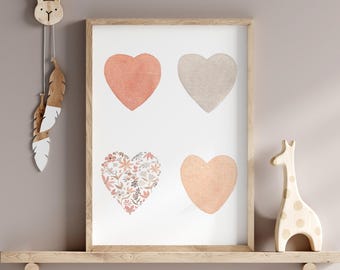 Boho Flower Hearts Watercolor Print, Toddler Girls Room Decor, Digital Download Artwork