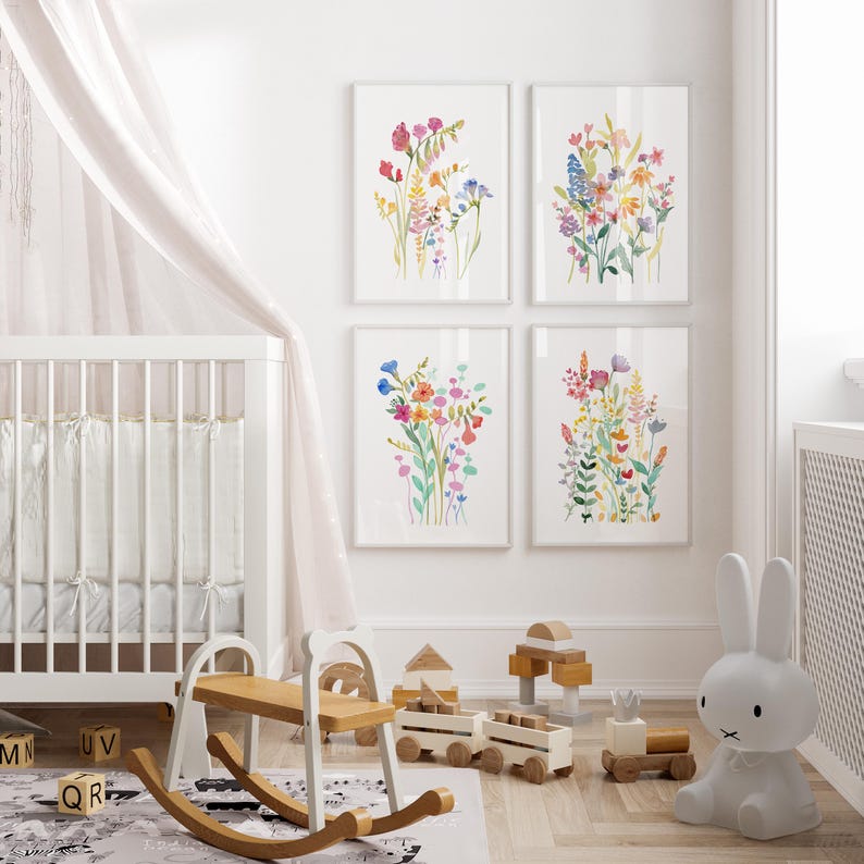 Wildflower Watercolor Print Set, Colorful Floral Wall Art (digital ...