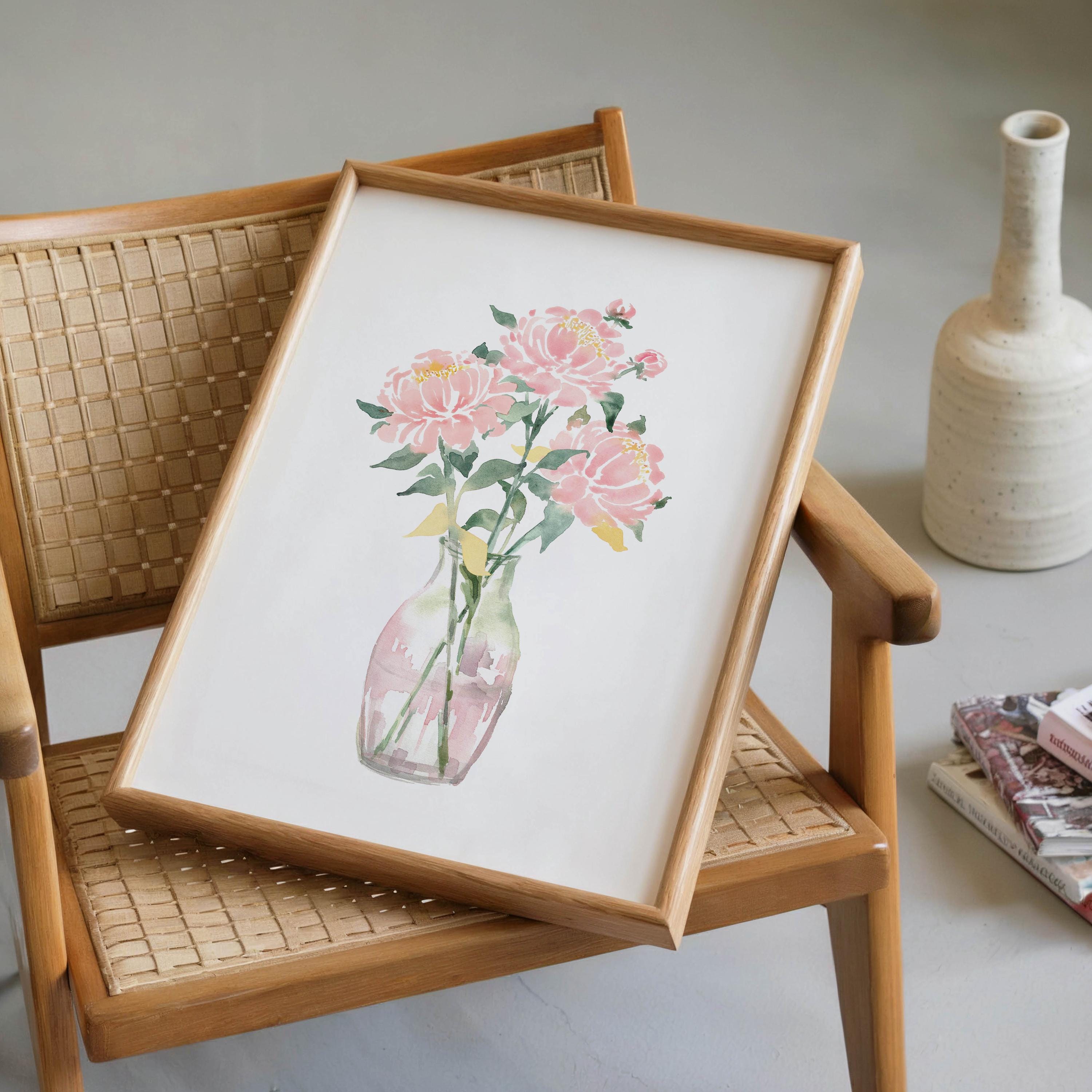 Pink Peony Vase Watercolor Print: Cottagecore Floral Wall Art (digital ...