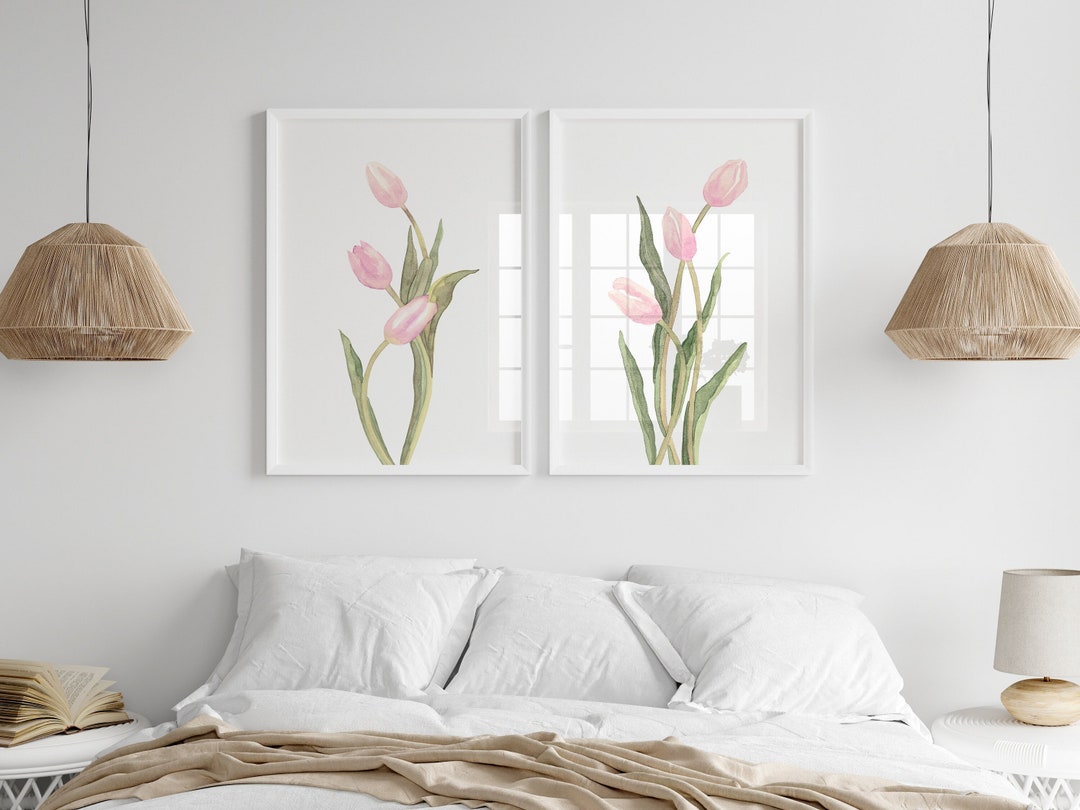 Tulips Watercolor Prints Light Pink Flower Wall Art Set of 2 Minimalist ...