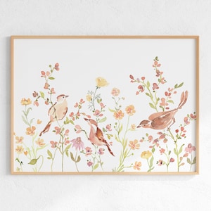 Impresión de acuarela de pájaros en ramas de flores, ilustraciones de pájaros horizontales, cartel digital de pájaros