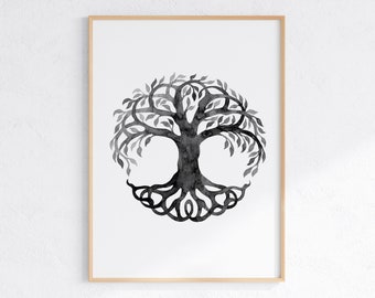 Impression arbre de vie noir et blanc, téléchargement numérique, oeuvre de Mandala arbre de vie, géométrie sacrée, affiche de méditation