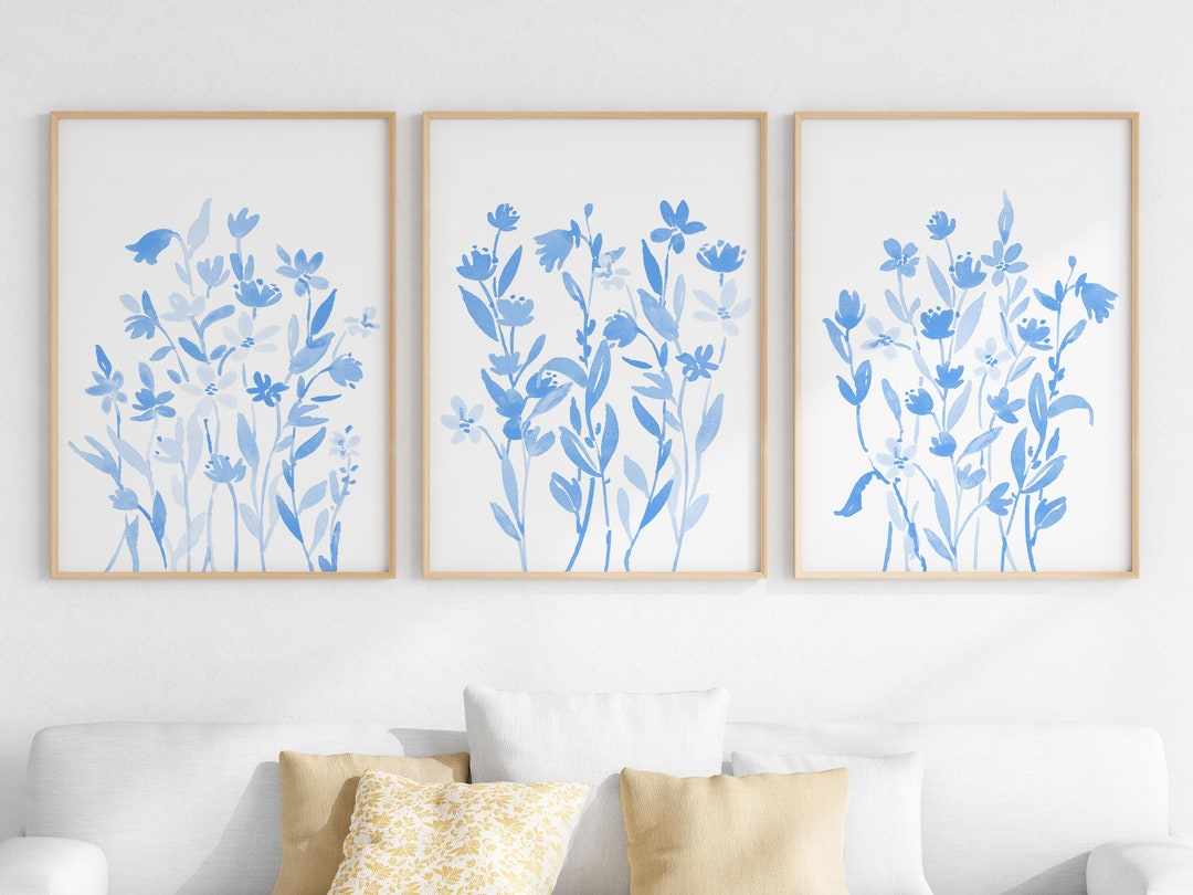Light Blue Floral Print Set of 3, Wall Art Wildflower Watercolors ...