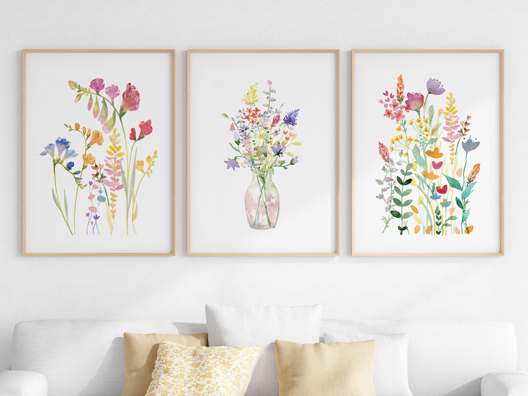 Wall Art Set of 3 Bright Floral Prints, Wildflower Watercolors