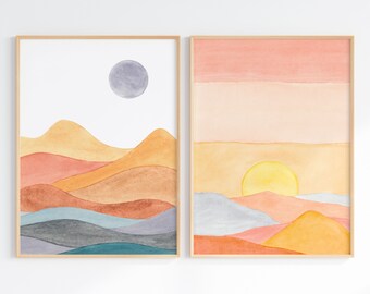 Abstract Landscape Art, Digital Print Set Of 2 Mid Century Modern Art, Colorful Boho Sun And Moon Printable Wall Art, Earth Tone Watercolors