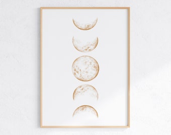 Beige Moon Phases Print, Boho Minimalist Moon Art, Earth Tone Wall Art