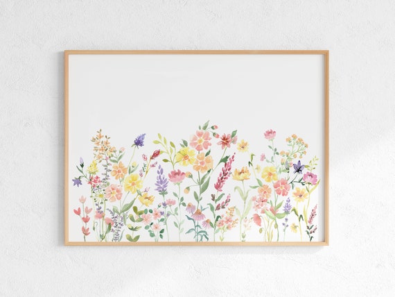 Horizontal Wildflower Poster, Floral Digital Print, Colorful Flower Watercolor Wall Art
