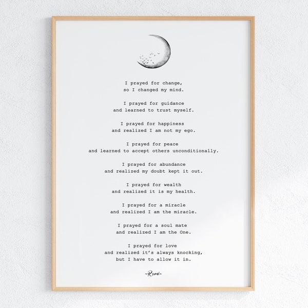 I Prayed Poem By Rumi, Enlightenment Healing Prayer, Rumi Quote Printable, Faith Spiritual Poster, Growth Mindset Wall Art, Digital Download